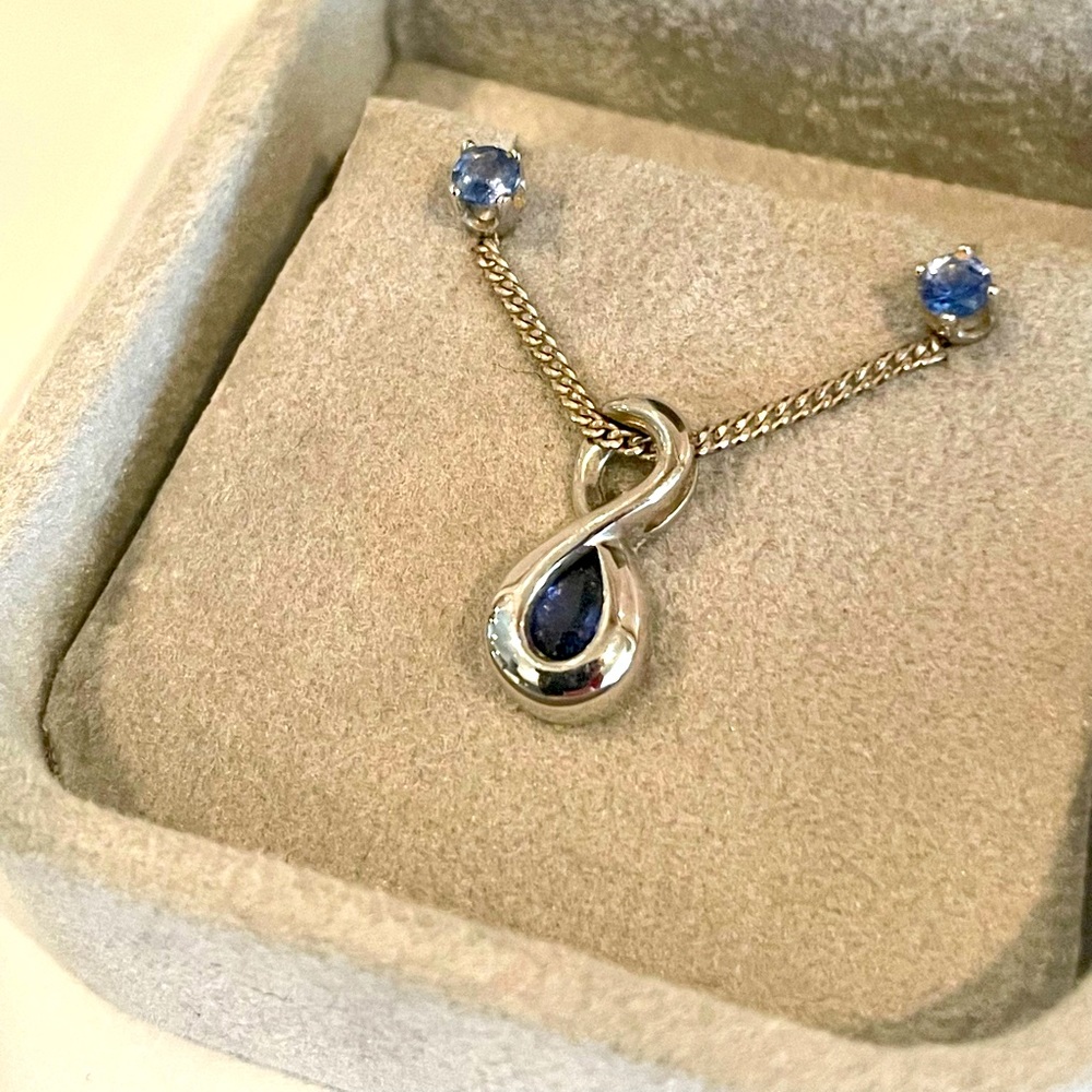 Sterling Silver Infinity Teardrop Pendant Sapphire Necklace w/ Sapphire Studs